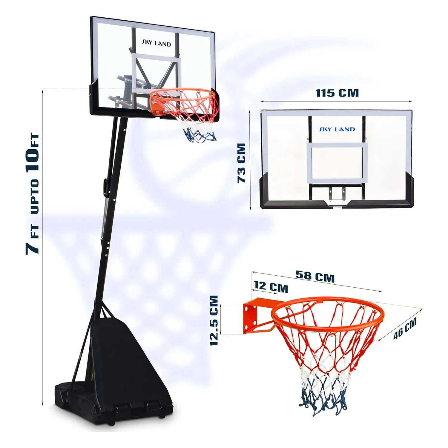 Basketball Hoop EM-1875 Stand With Adjustable Height (8-10 ft) 44" Shatterproof Acrylic Backboard For Adults and Kids Outdoor and Indoor Basketball Goal Stand