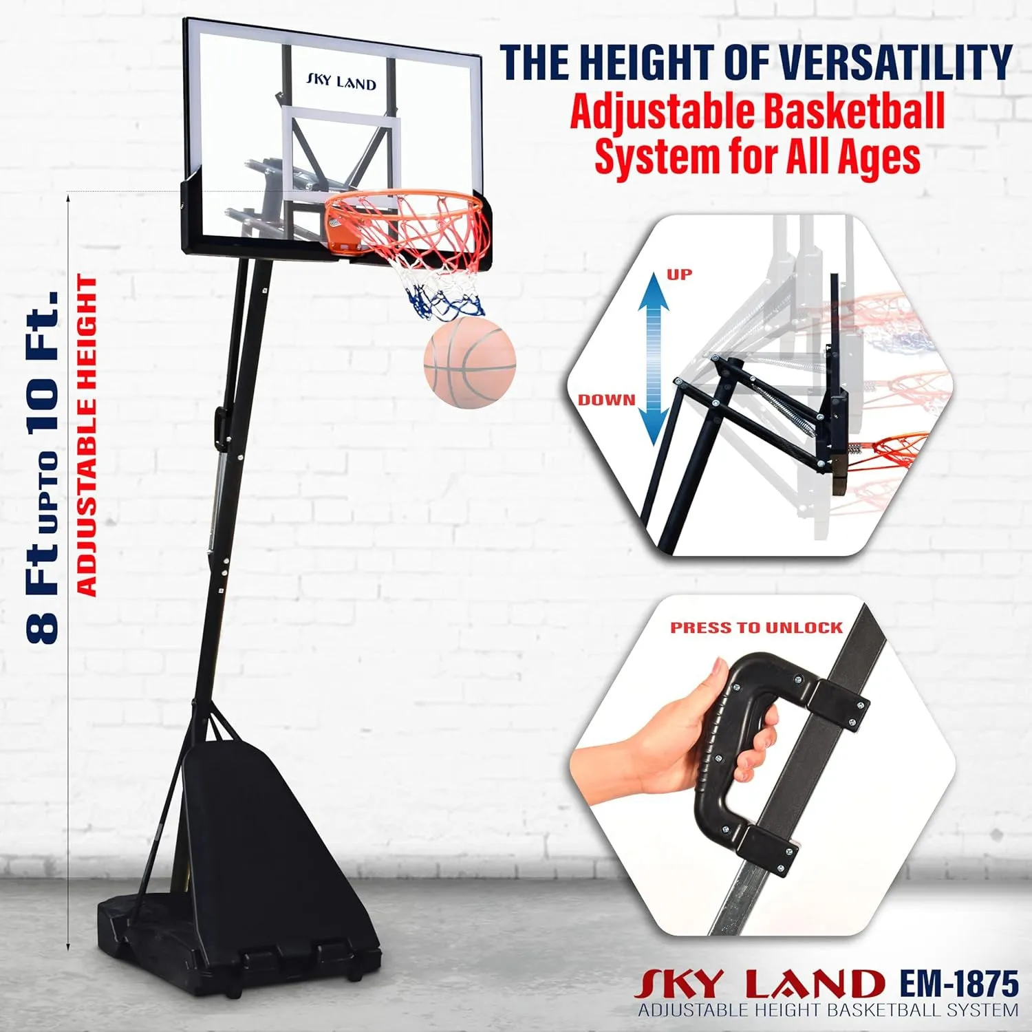 Basketball Hoop EM-1875 Stand With Adjustable Height (8-10 ft) 44" Shatterproof Acrylic Backboard For Adults and Kids Outdoor and Indoor Basketball Goal Stand