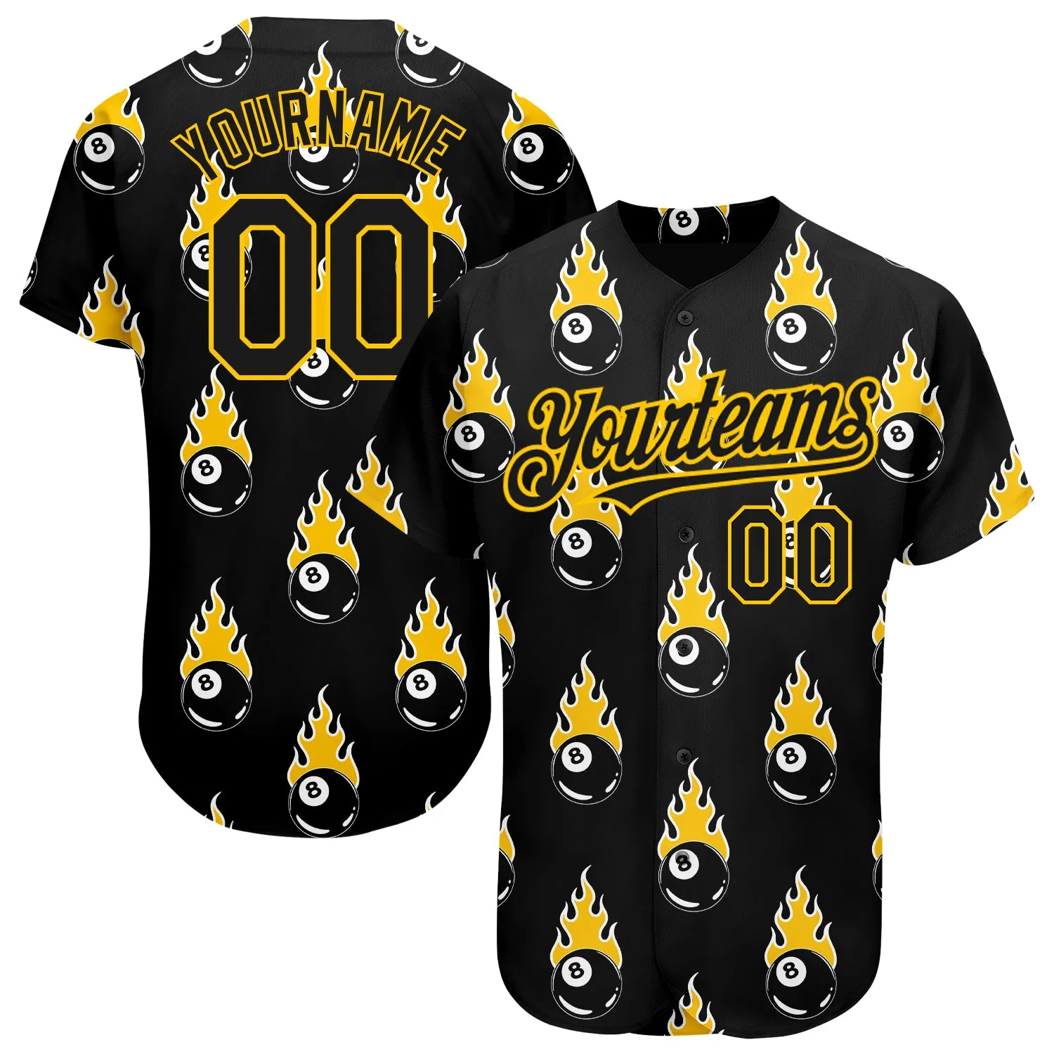 Custom Black Gold 3D Pattern Design Flaming Billiards Snooker 8 Ball Authentic Baseball Jersey