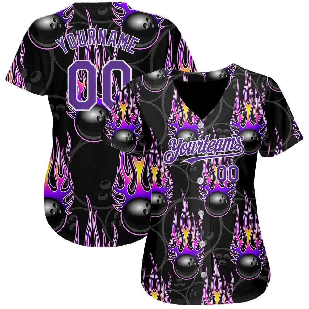 Custom Black Purple-White 3D Pattern Design Bowling Ball With Hotrod Flame Authentic Baseball Jersey