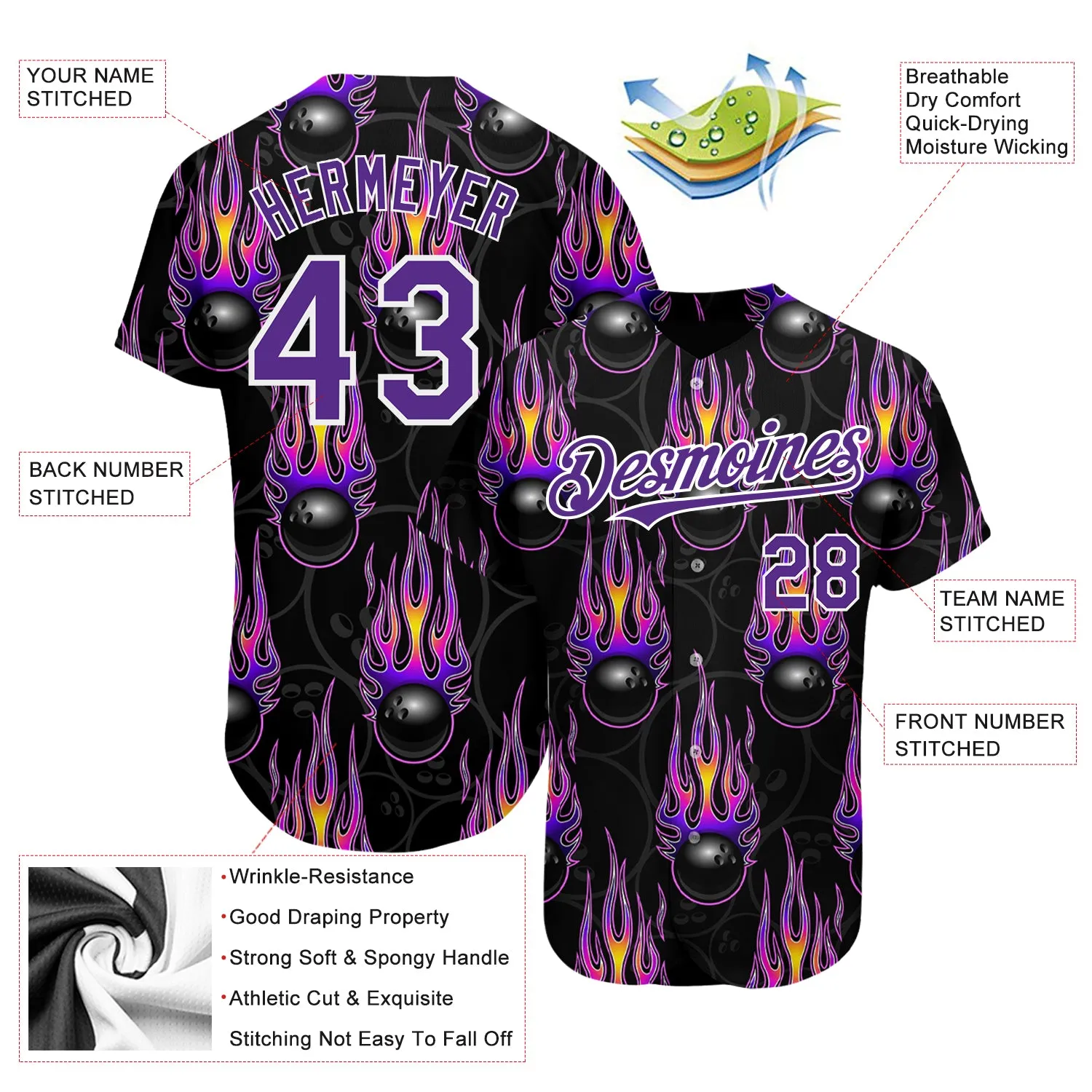 Custom Black Purple-White 3D Pattern Design Bowling Ball With Hotrod Flame Authentic Baseball Jersey