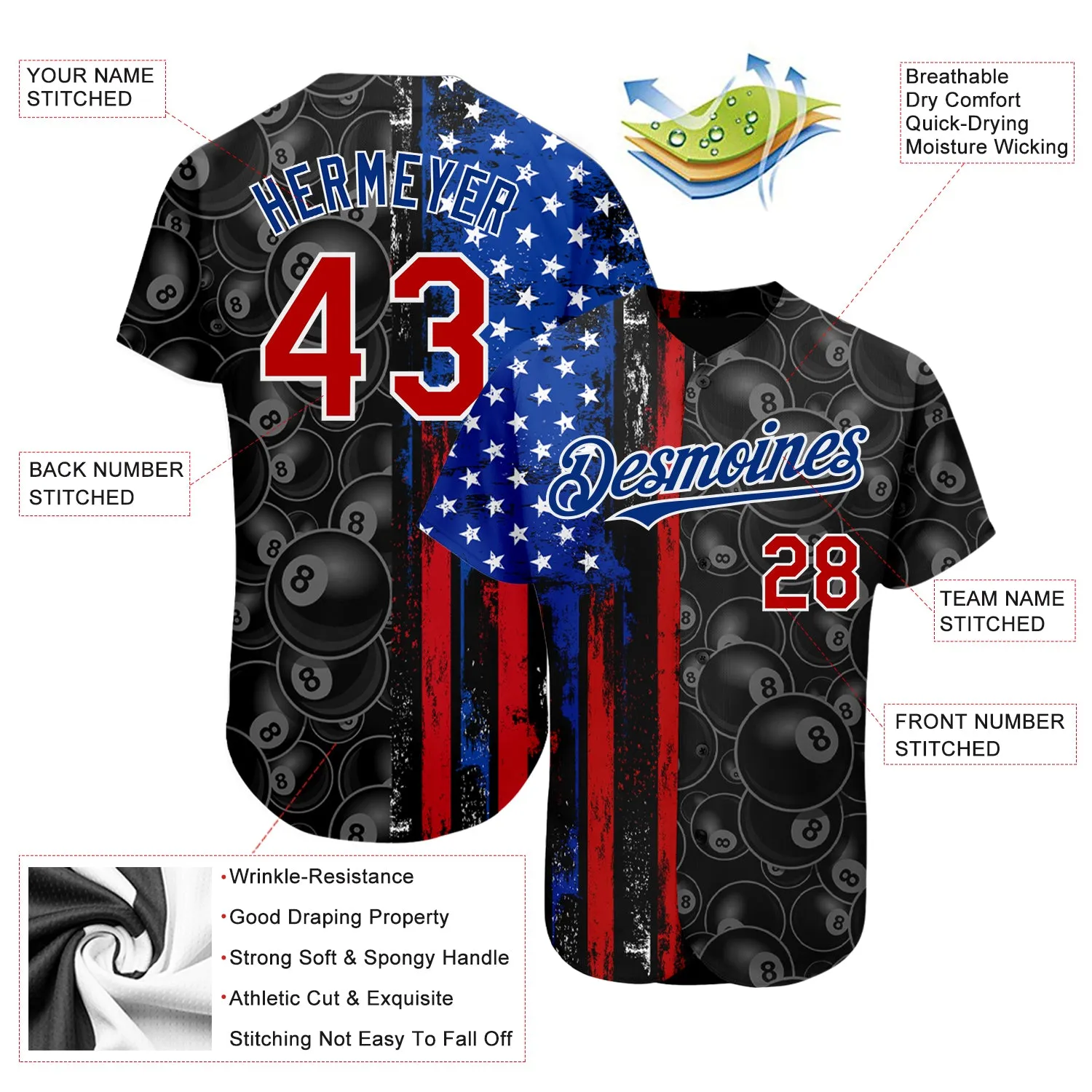 Custom Black Red-Royal 3D Pattern Design Billiards Snooker 8 Ball American Flag Authentic Baseball Jersey