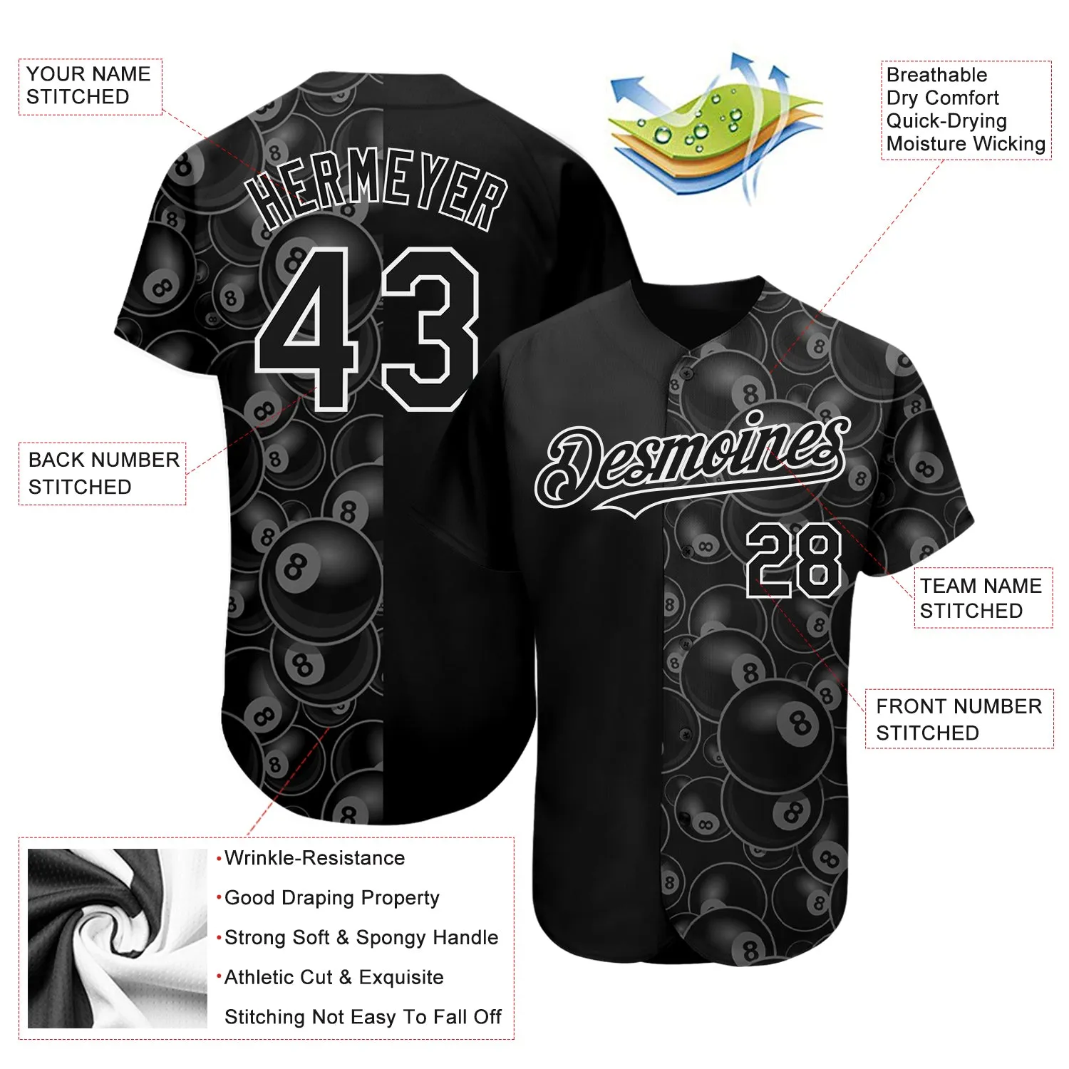 Custom Black White 3D Pattern Design Billiards Snooker 8 Ball Authentic Baseball Jersey