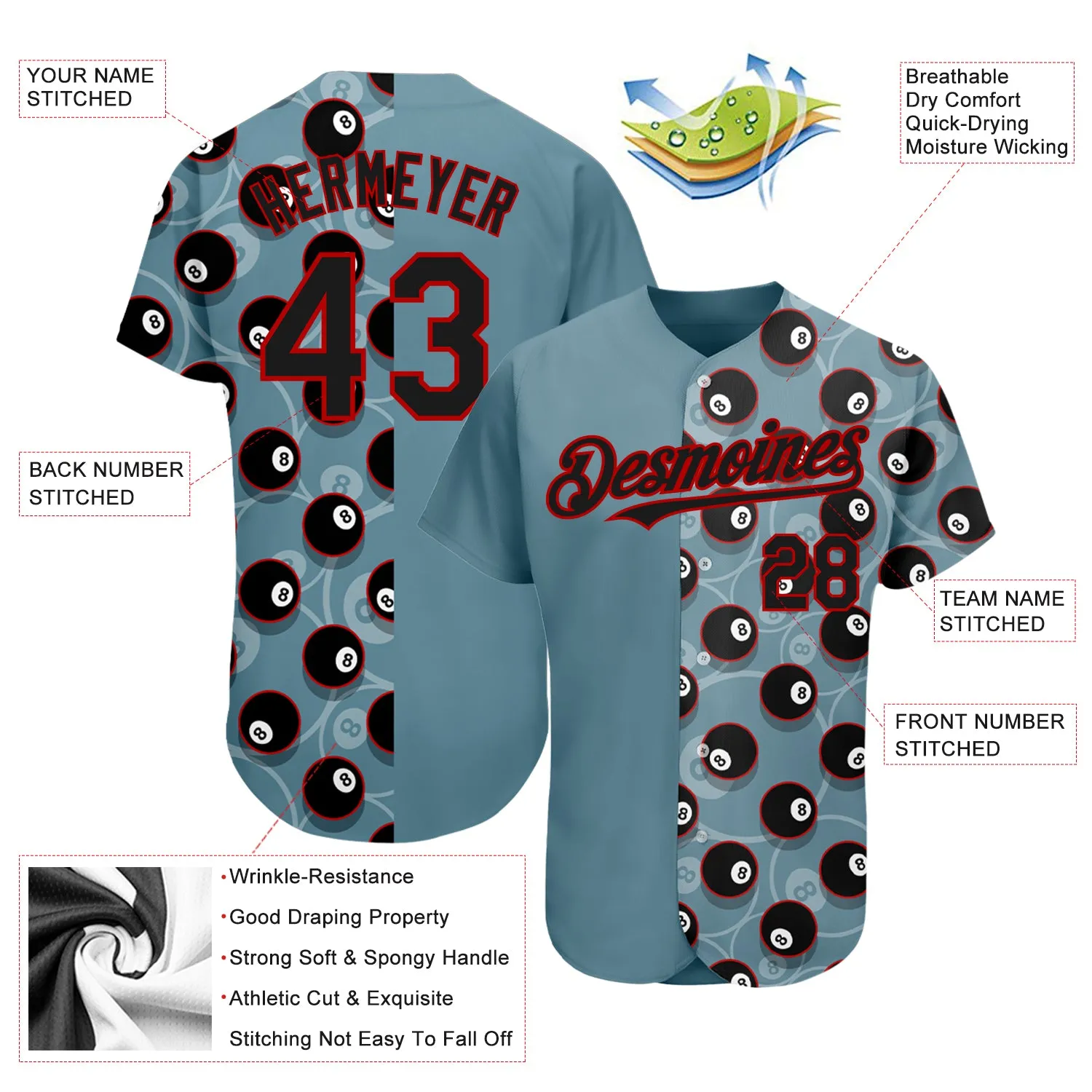 Custom Panther Blue Black-Red 3D Pattern Design Billiards Snooker 8 Ball Authentic Baseball Jersey