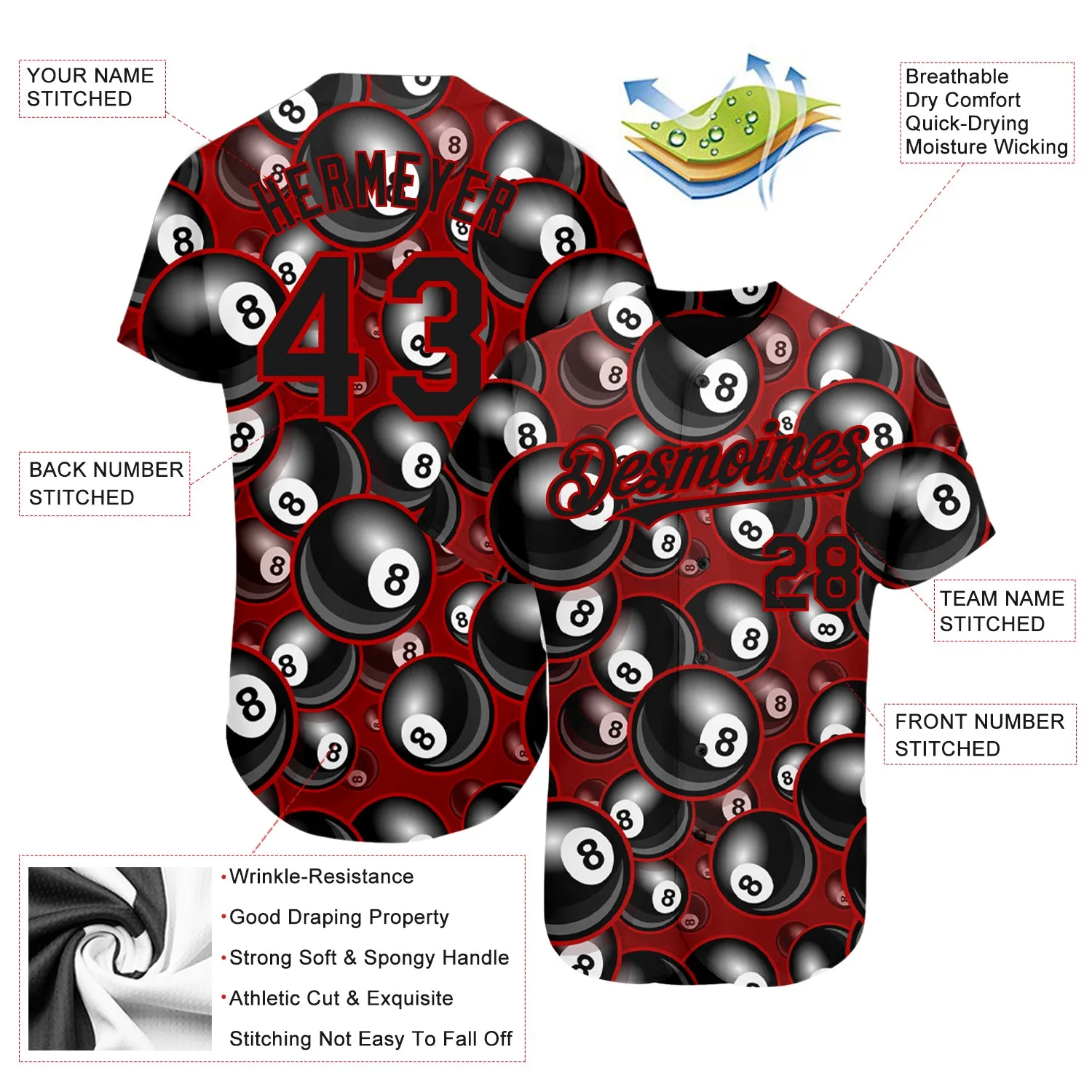 Custom Red Black 3D Pattern Design Billiards Snooker 8 Ball Authentic Baseball Jersey