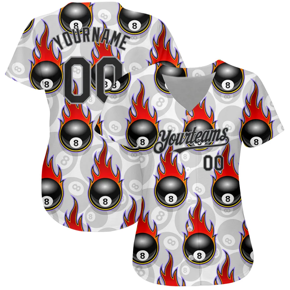 Custom White Black-Gray 3D Pattern Design Flaming Billiards Snooker 8 Ball Authentic Baseball Jersey