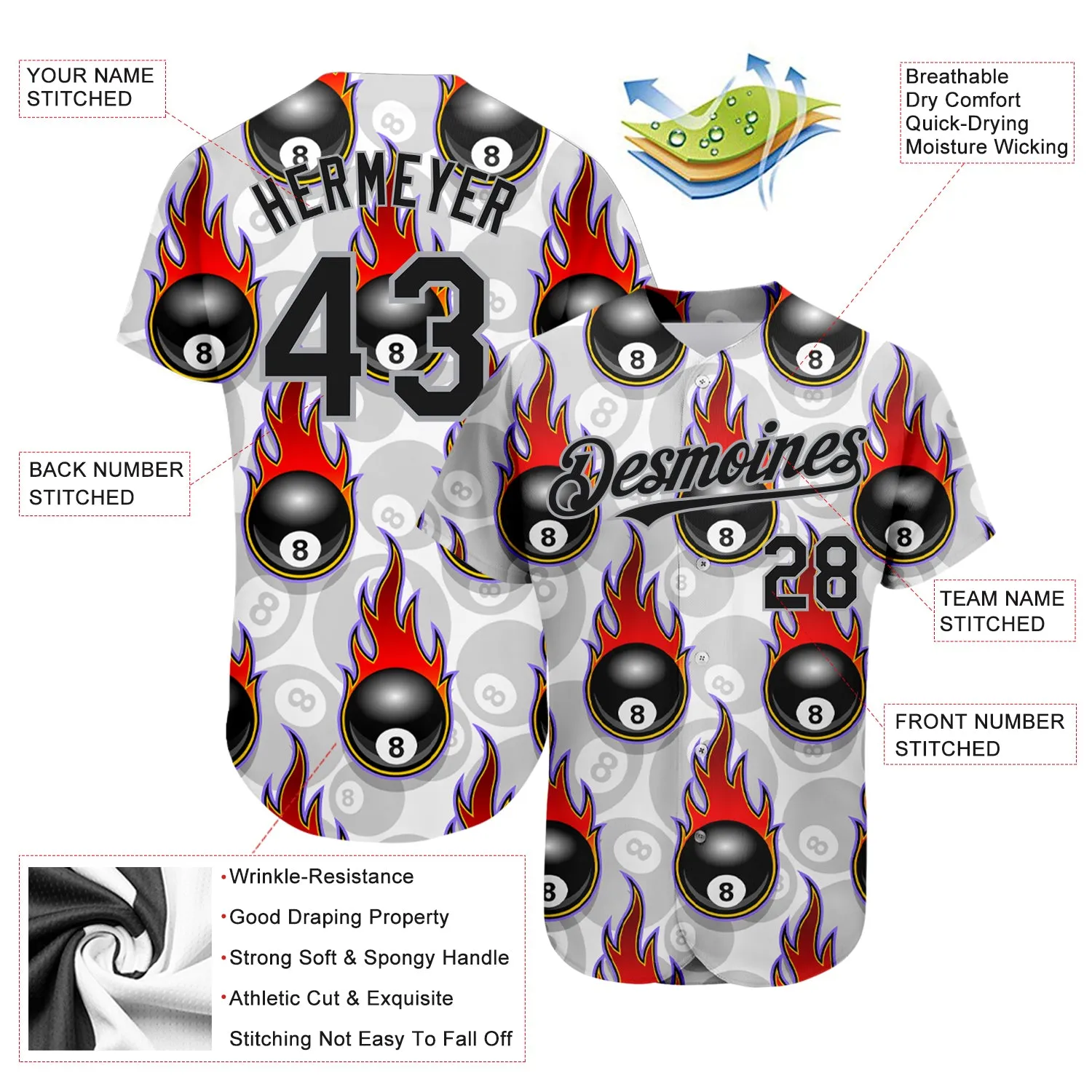 Custom White Black-Gray 3D Pattern Design Flaming Billiards Snooker 8 Ball Authentic Baseball Jersey