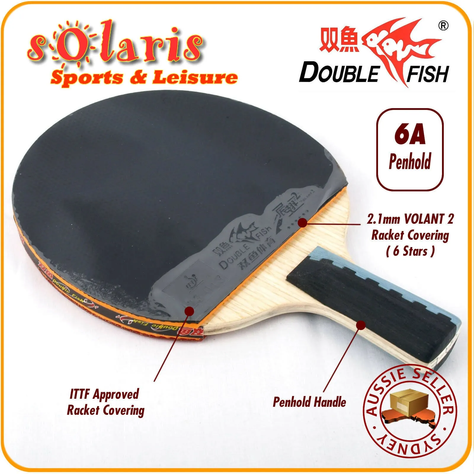 Double Fish 6A Table Tennis Bat Ping Pong Racket & 2 Balls Set Penhold Handle