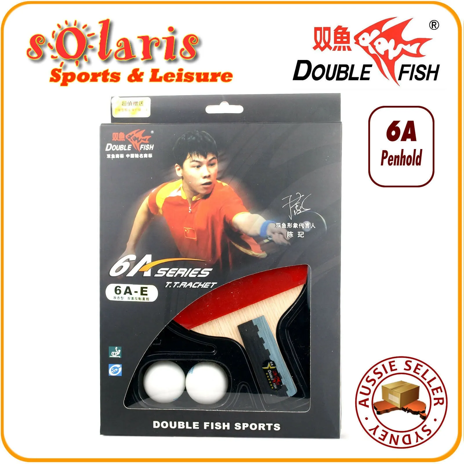 Double Fish 6A Table Tennis Bat Ping Pong Racket & 2 Balls Set Penhold Handle