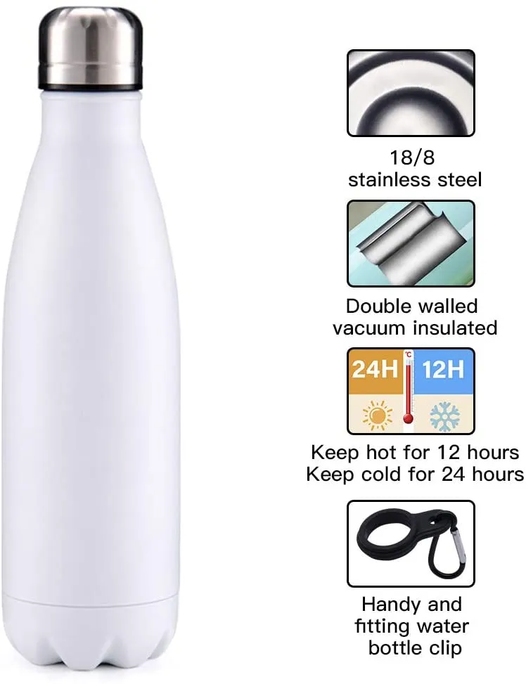 H H 500ml Insulated Water Bottle BPA Free, Leak-Proof in White