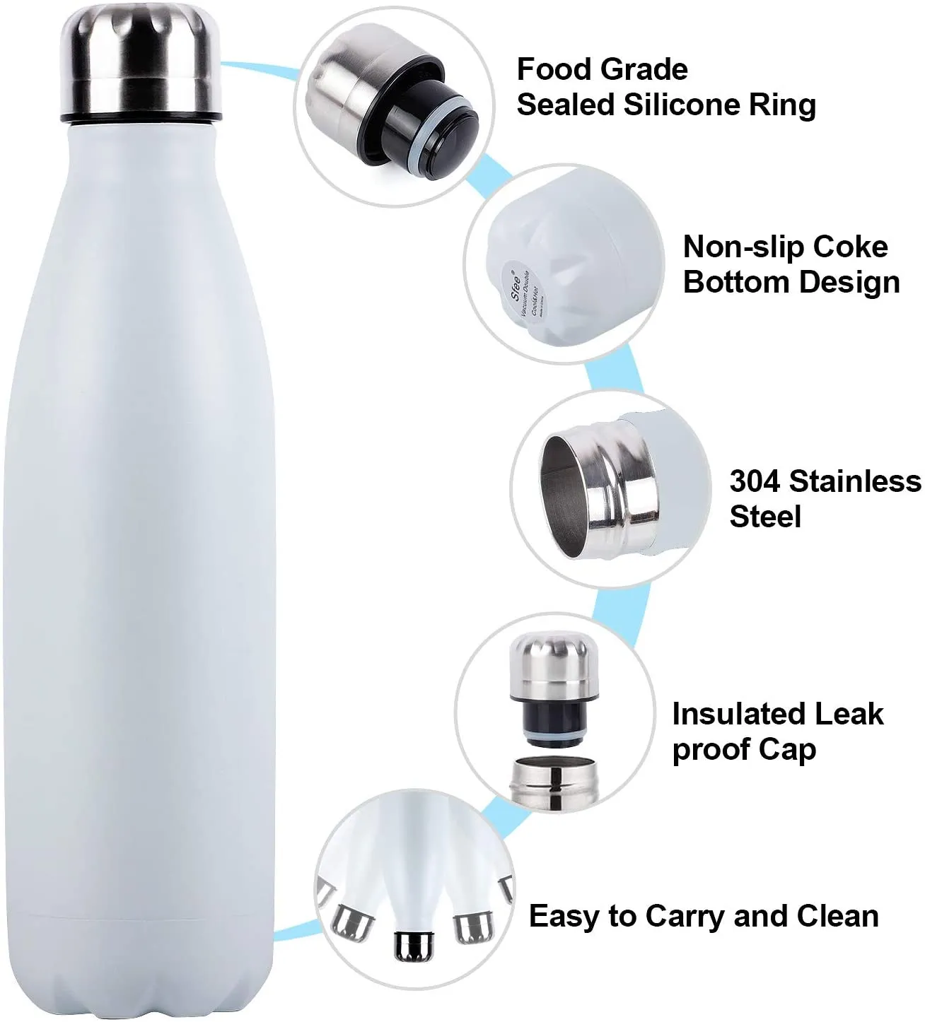 H H 500ml Insulated Water Bottle BPA Free, Leak-Proof in White