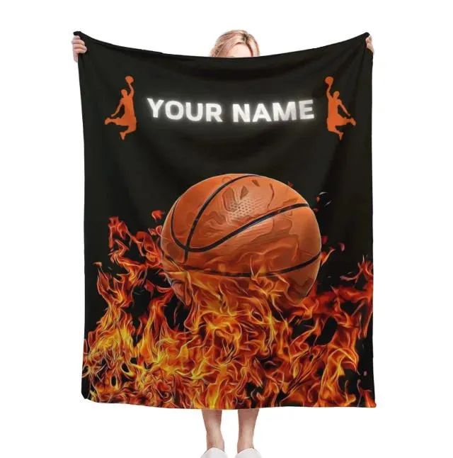 Personalized Fire Basketball Blanket, Custom Name Basketball Fleece and Sherpa Blanket, Gift For Son From Mom Dad