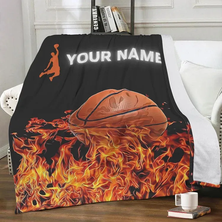 Personalized Fire Basketball Blanket, Custom Name Basketball Fleece and Sherpa Blanket, Gift For Son From Mom Dad