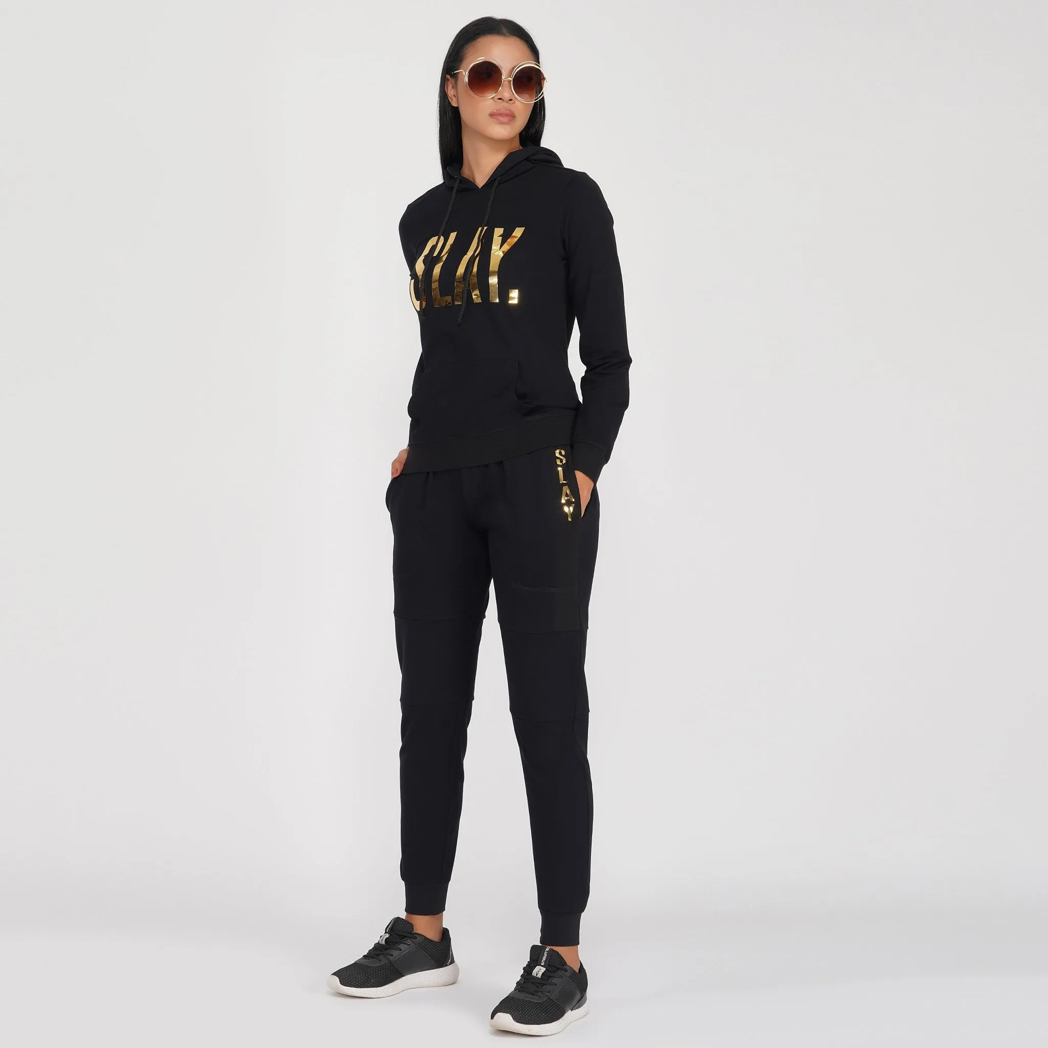 SLAY. Classic Women's Limited Edition Gold Mirror Foil Print Black Hoodie